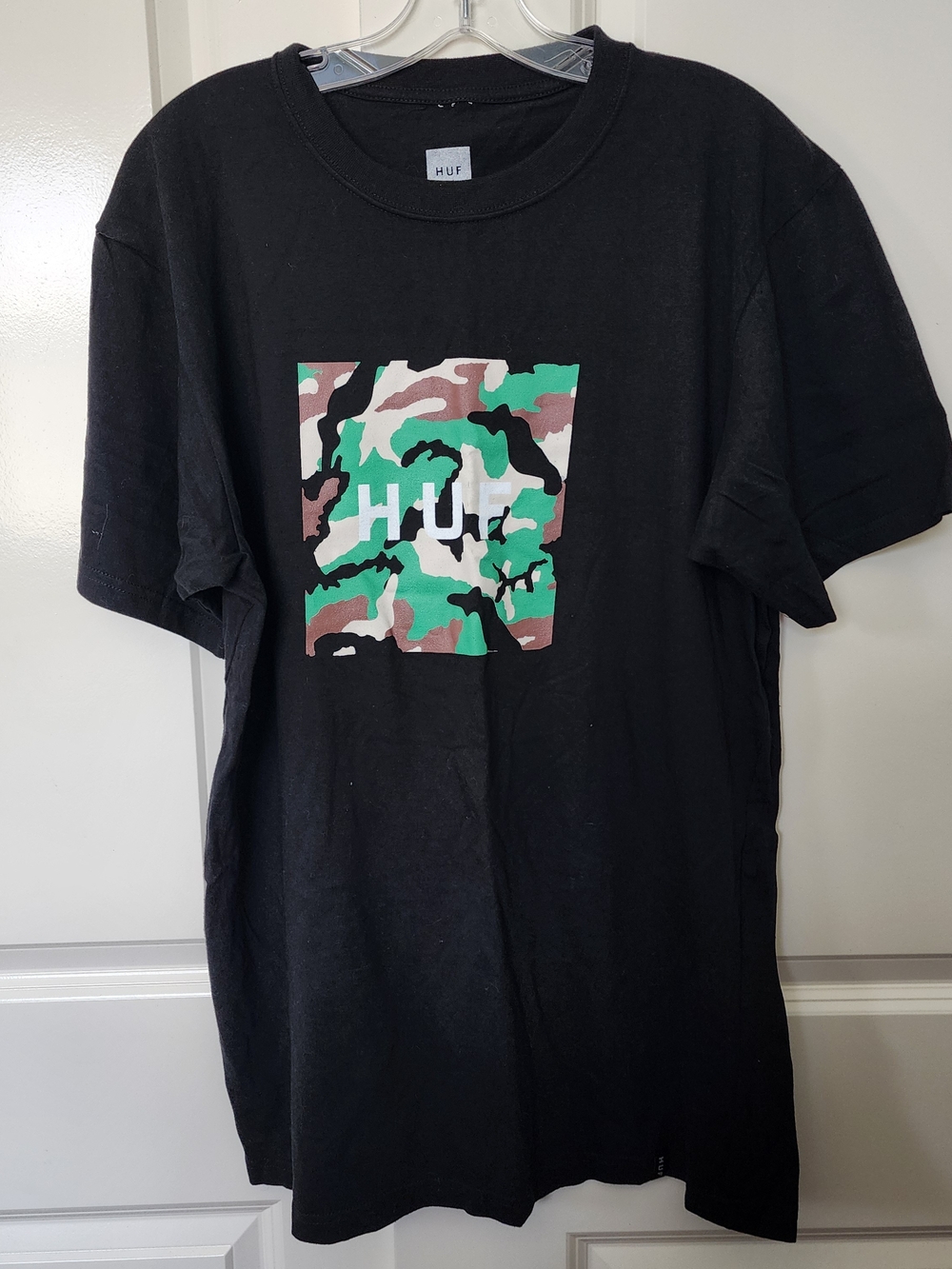 HUF Black Tee with Green & Brown Camo Square Logo